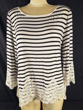 White House Black Market Black and White Striped Blouse with Lace Trim L